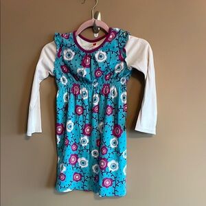 Tea Long Sleeved Dress, Smocked Waist, Size 8, Blue with Flowers, White Sleeves